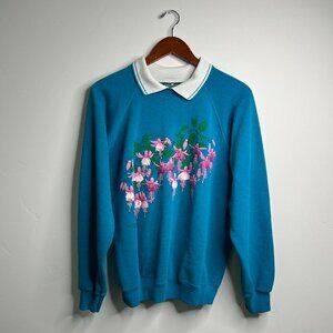 80s blue sweater with pink fuchsia flowers stain on sleeve size large